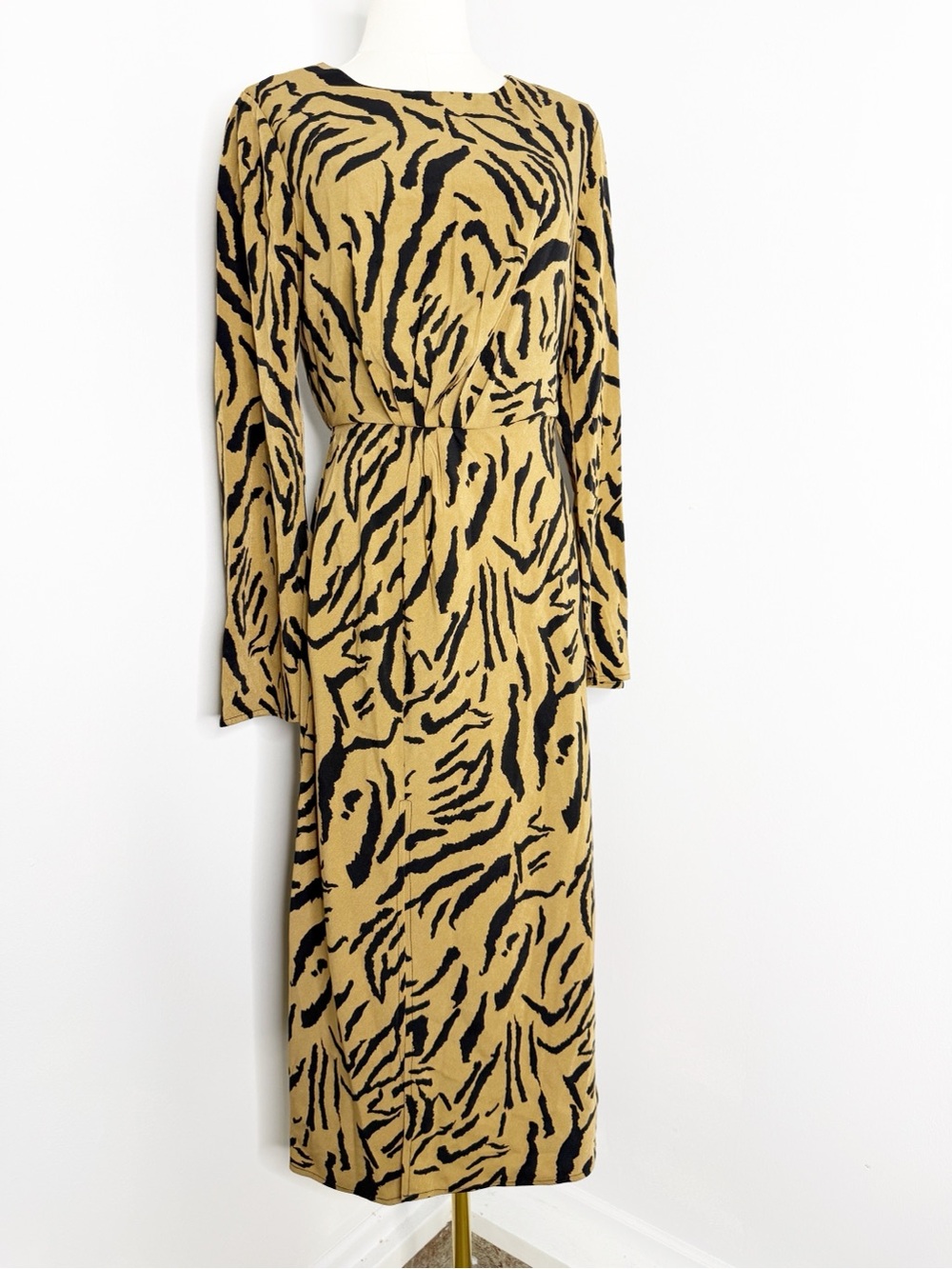 Lulus On the Prowl Tiger Print Long Sleeve Midi Dress Brown Black Size S
